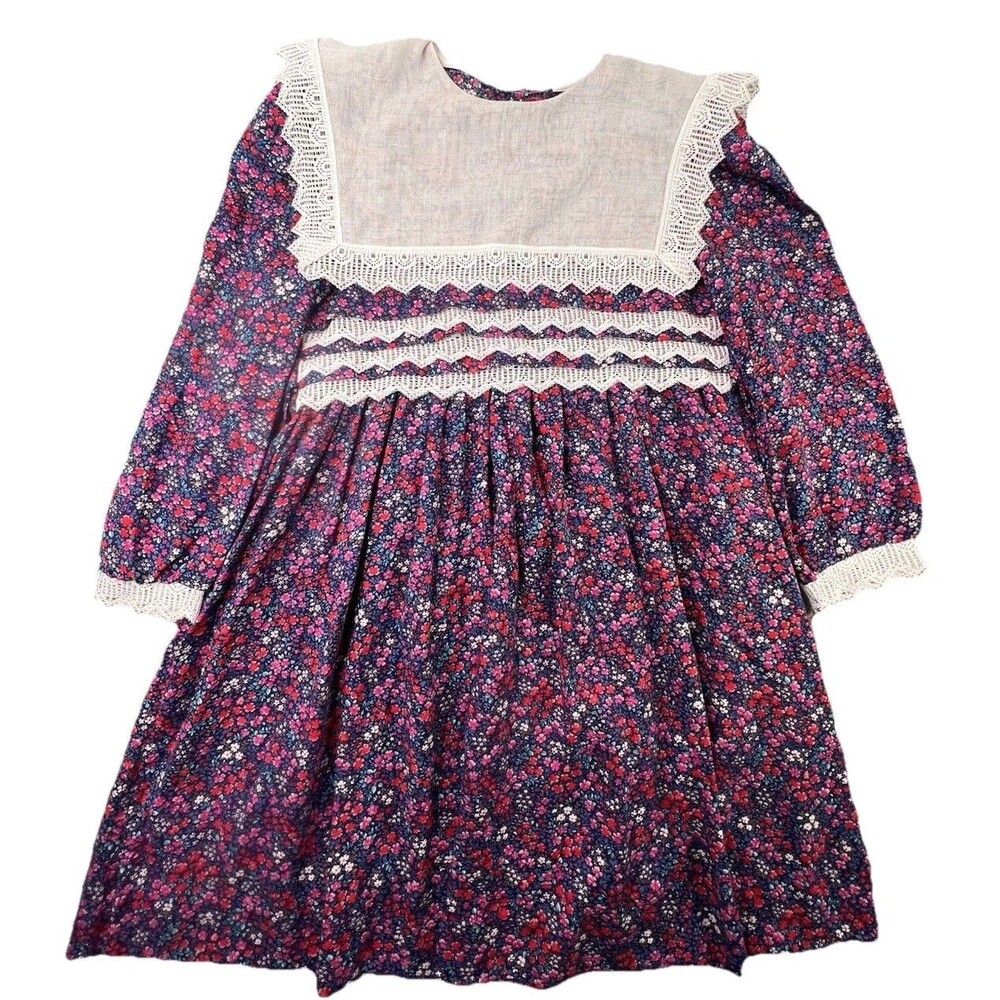 Vtg Polly Flinders Girl Hand Smocked Floral Bib Dress Size 12 Cottage Prairie